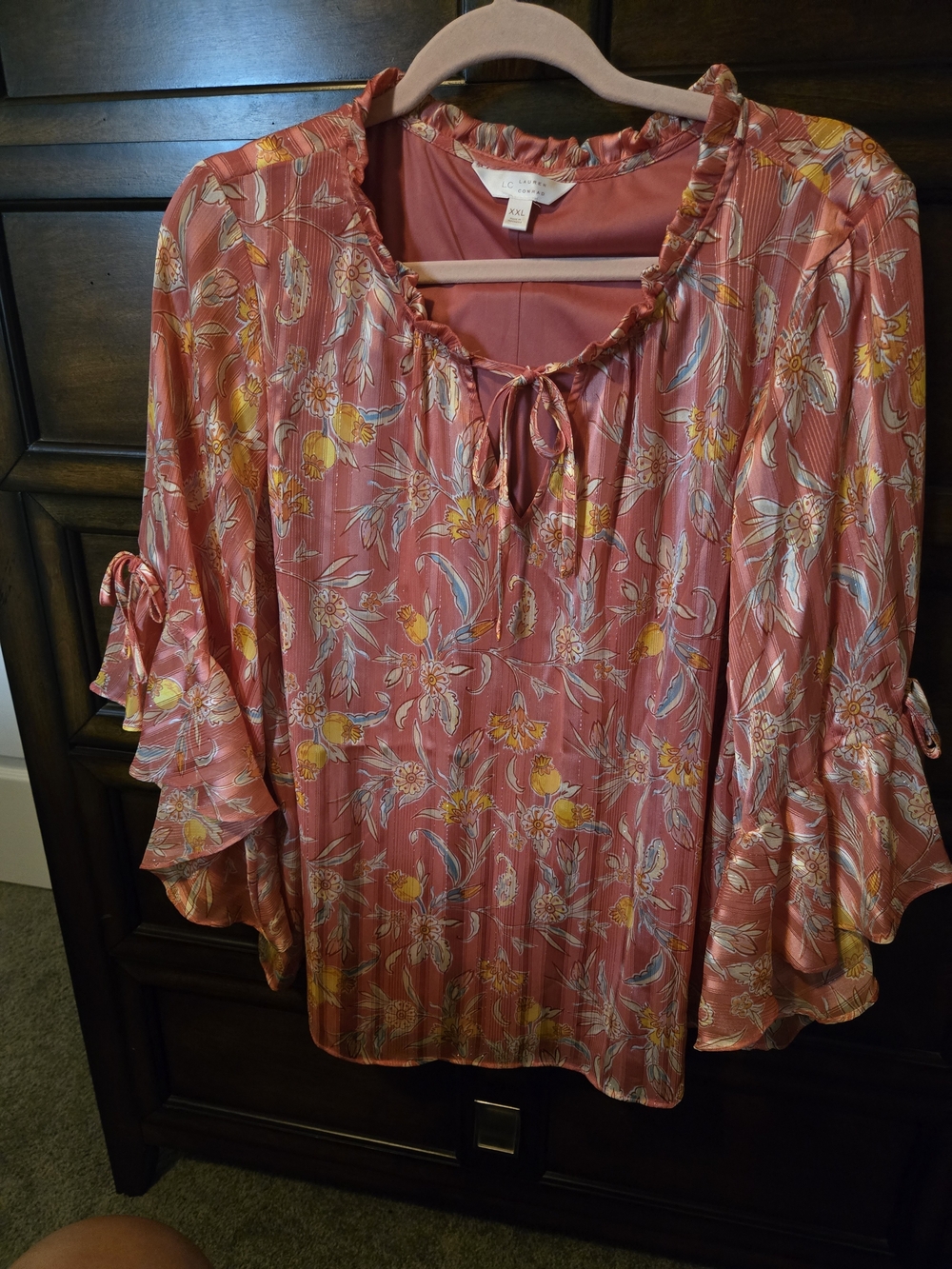 LC Lauren Conrad Coral Pink Floral Ruffle Tie-Neck Blouse with Yellow Accents